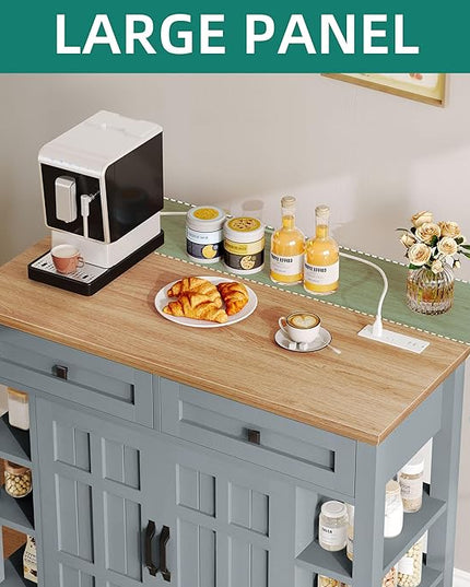 YITAHOME Kitchen Island with Drop Leaf & Power Outlet, Rolling Kitchen Cart on Wheels, Americana Kitchen Island Cabinet with Open Shelves for Kitchen Dining Room, Thicker Rubberwood Top, Grey Blue - LeafyLoom
