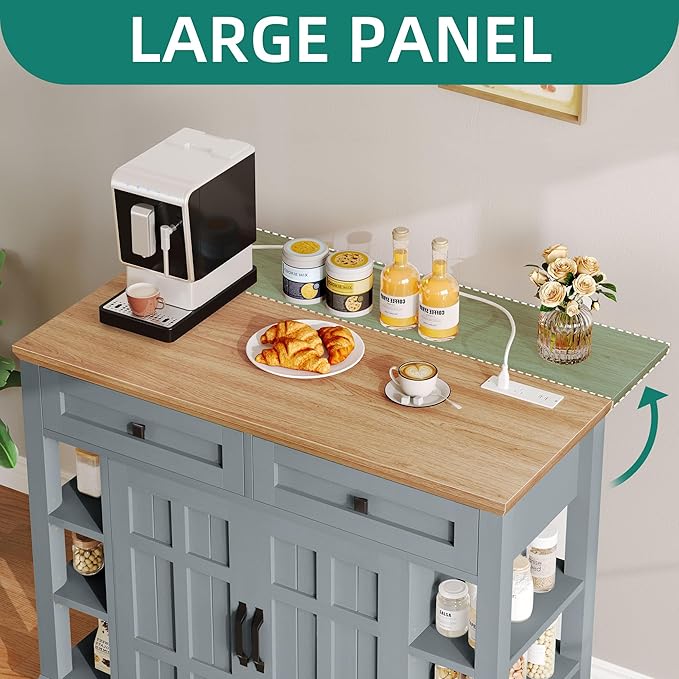 YITAHOME Kitchen Island with Drop Leaf & Power Outlet, Rolling Kitchen Cart on Wheels, Americana Kitchen Island Cabinet with Open Shelves for Kitchen Dining Room, Thicker Rubberwood Top, Grey Blue - LeafyLoom