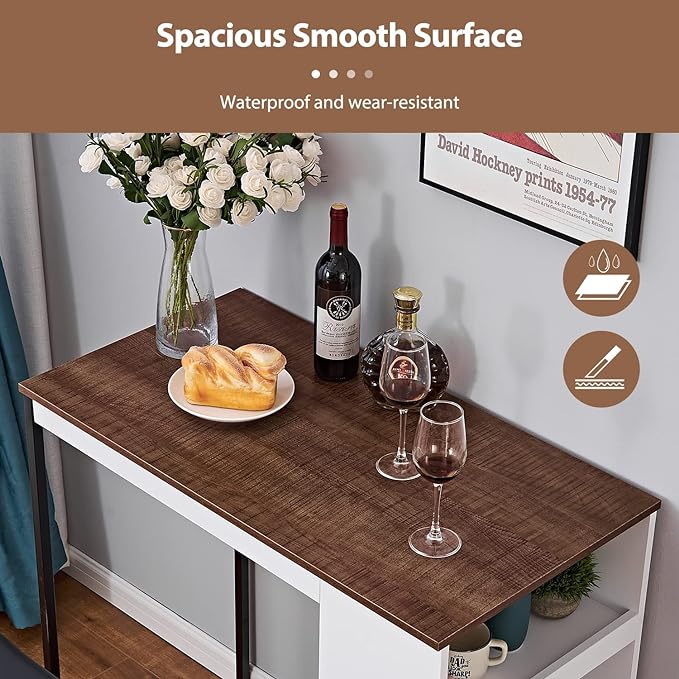 Panana 3 Piece Dining Table Set Kitchen Bar Table with Two Stool Storage Shelves Wood Counter Height Table Top with Sew Kerf Finish Dining Room Home - LeafyLoom