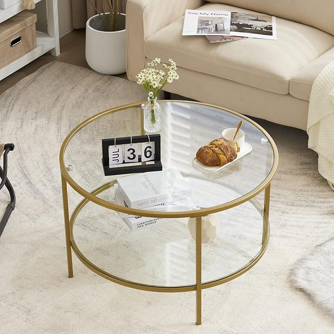 VINGLI Glass Coffee Table, 30" Round Champagne Gold Coffee Tables for Living Room,2-Tier Glass Top Coffee Table with Storage Clear Coffee Table,Simple & Modern Center Table Mesa de Centro Para Sala - LeafyLoom