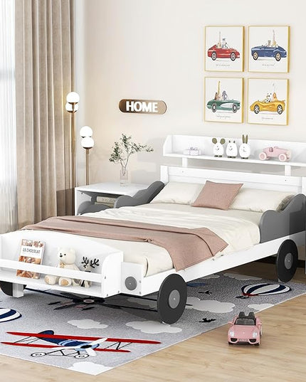 Twin Size Car-Shaped Platform Bed with 2 Storage Shelf,Kids Cars Beds W/Wheels,Slats Support,Saving Space,Easy Assembly,Wood Car Bedframe for Boys Toddlers Teens Bedroom,White - LeafyLoom
