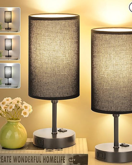 GGOYING Set of 2 Bedroom Table Lamp, Bedside Lamps with 3-Color Modes LED Bulbs, AC Outlet, Black Lampshade Nightstand Lamp for Living Room Nightstand Office - LeafyLoom