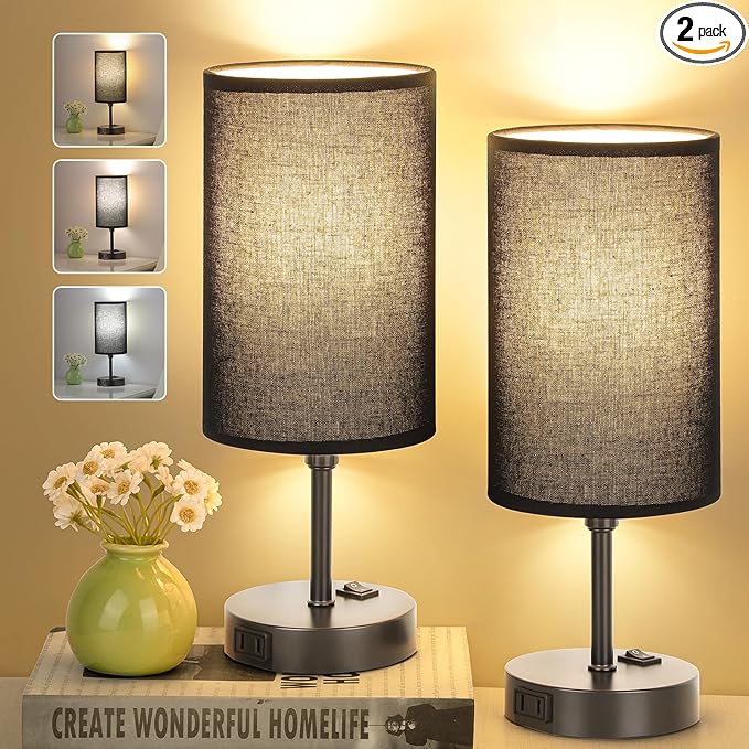 GGOYING Set of 2 Bedroom Table Lamp, Bedside Lamps with 3-Color Modes LED Bulbs, AC Outlet, Black Lampshade Nightstand Lamp for Living Room Nightstand Office - LeafyLoom