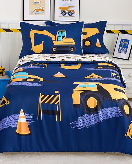 Joiedomi Kid Twin Comforter Set - 5 Piece Construction Vehicle Bedding Set for Boys/Girls - Super Soft Microfiber Bed in a Bag with Comforter, Sheets, Pillowcase & Sham - LeafyLoom
