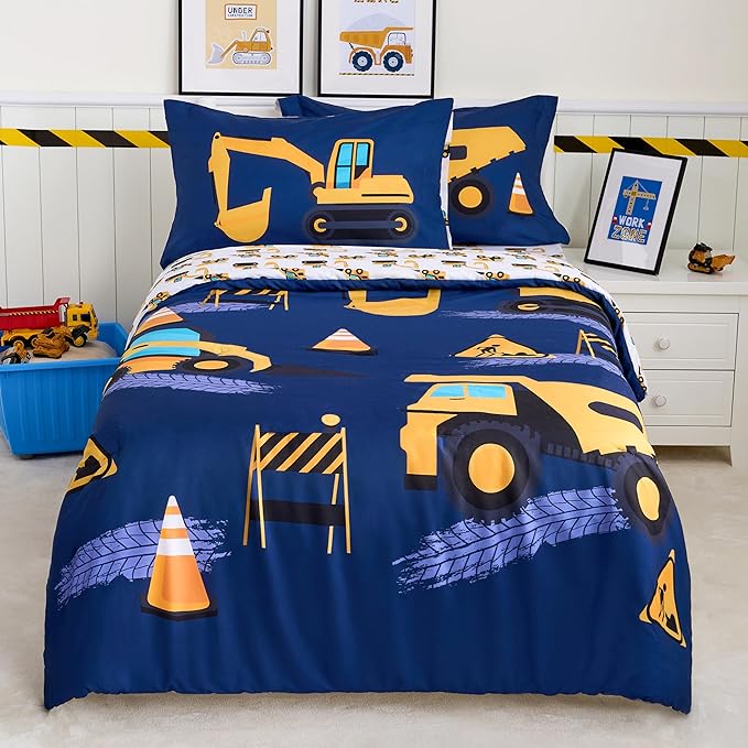 Joiedomi Kid Twin Comforter Set - 5 Piece Construction Vehicle Bedding Set for Boys/Girls - Super Soft Microfiber Bed in a Bag with Comforter, Sheets, Pillowcase & Sham - LeafyLoom