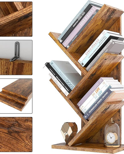 YMYNY 4 Tier Tree Bookshelf, Small Bookcase, Modern Wood Book Storage Rack, Freestanding Book shelf for Books/Movies/CDs, Narrow Display Rack for Living Room, Home Office, Rustic Brown UHBC014H - LeafyLoom