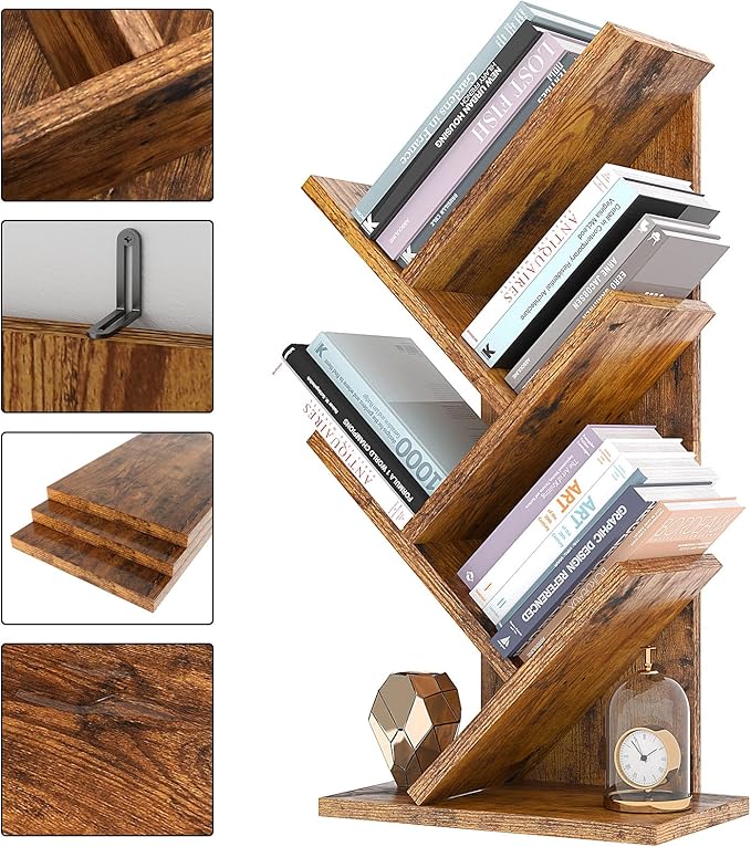 YMYNY 4 Tier Tree Bookshelf, Small Bookcase, Modern Wood Book Storage Rack, Freestanding Book shelf for Books/Movies/CDs, Narrow Display Rack for Living Room, Home Office, Rustic Brown UHBC014H - LeafyLoom