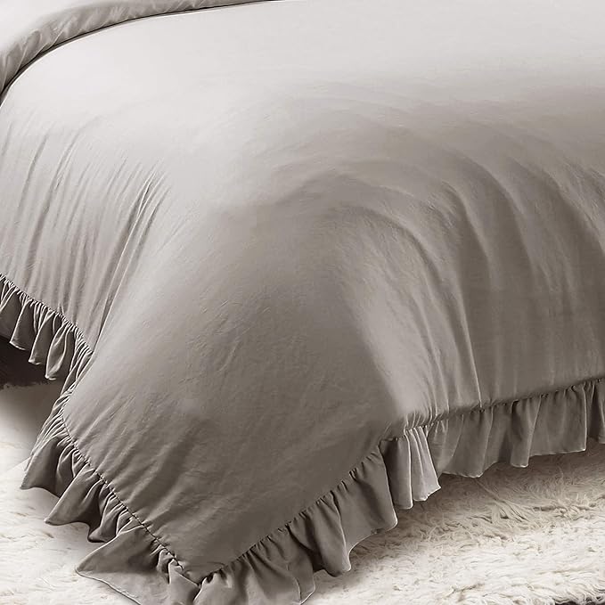 Lush Decor Reyna Ruffle Comforter Set - 3 Piece Cozy Ruffled Bedding Set - Timeless Elegance and Comfort for Bedroom - King, Gray - LeafyLoom