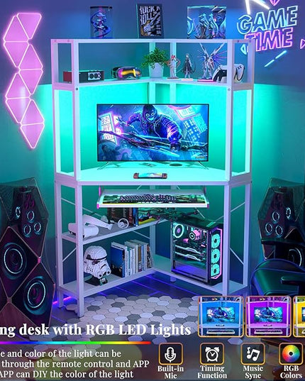 Cyclysio Small Corner Desk with Hutch, Corner Gaming Desk with LED Light & Power Outlets, Computer Desk with Keyboard Tray, Triangel Desk for Small Space, Home Office, Workstation, White - LeafyLoom
