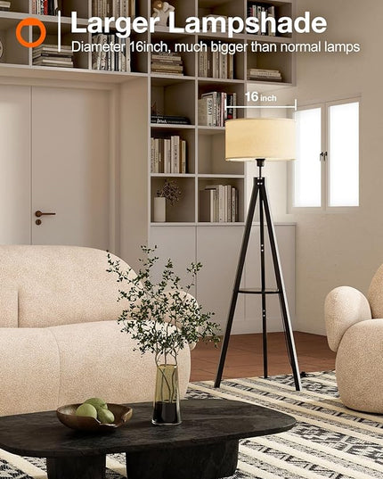 addlon Tripod floor lamp with remote, floor lamps for living room, standing wood lamp with shelf, mid century lamp with LED bulb for bedroom, office (Stepless brightness, multiple CCT)- Black - LeafyLoom