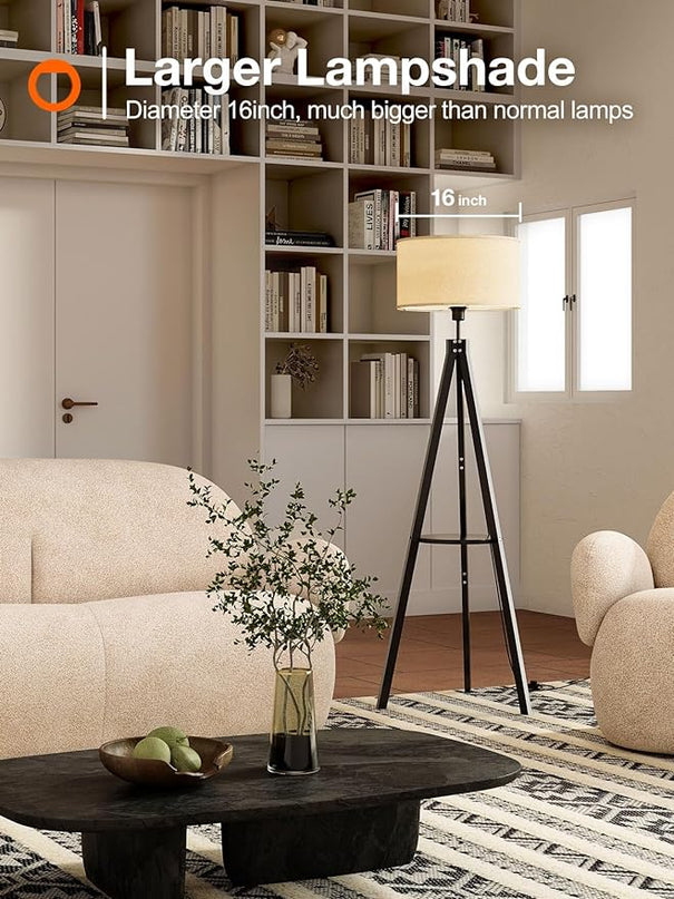 addlon Tripod floor lamp with remote, floor lamps for living room, standing wood lamp with shelf, mid century lamp with LED bulb for bedroom, office (Stepless brightness, multiple CCT)- Black - LeafyLoom