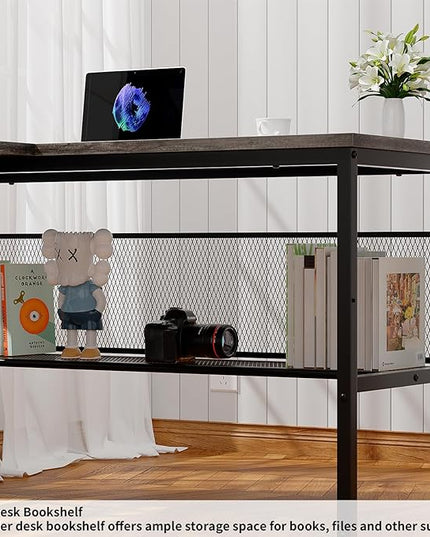 L Shaped Computer Desk with Magic Power Outlets and Smart LED Light, Reversible Office Corner Desk with Ergonomic Monitor Stand, Large Gaming Table with Storage, Sleek Grid Design, Black Oak - LeafyLoom