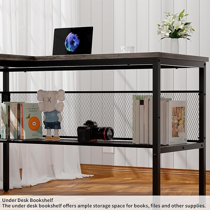 L Shaped Computer Desk with Magic Power Outlets and Smart LED Light, Reversible Office Corner Desk with Ergonomic Monitor Stand, Large Gaming Table with Storage, Sleek Grid Design, Black Oak - LeafyLoom