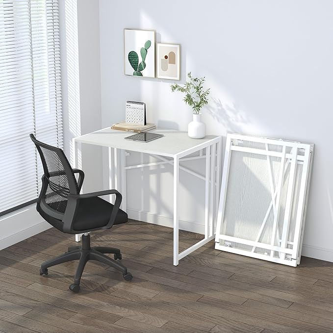 Small Folding Desk 32 inch, No Assembly Required Small Office Desk, Writing Gaming Computer Camping Desk, White - LeafyLoom