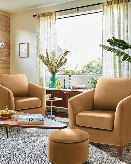 COLAMY Velvet Accent Chair with Storage Ottoman Set of 2, Upholstered Barrel Arm Chair with Footrest, Modern Living Room Chair with Back Pillow, Cream - LeafyLoom