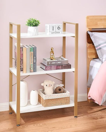 BEWISHOME 3 Tier Bookshelf, Modern Small Book Shelf for Small Spaces, White Gold Wooden Shelves for Bedroom Living Room and Home Office, 13.78" D x 24.12" W x 37.09" H, JCJ42M - LeafyLoom