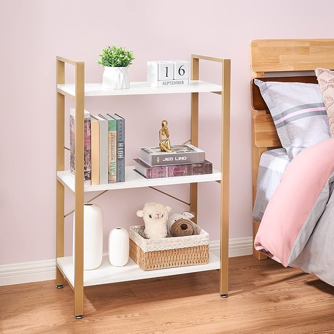 BEWISHOME 3 Tier Bookshelf, Modern Small Book Shelf for Small Spaces, White Gold Wooden Shelves for Bedroom Living Room and Home Office, 13.78" D x 24.12" W x 37.09" H, JCJ42M - LeafyLoom