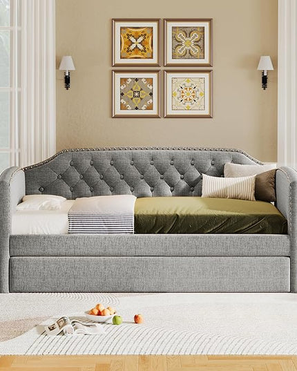 Merax Twin Size Upholstered Daybed with Trundle Bed, Linen Fabric Tufted Wooden Sofa Bed Frame for Living Room, Guest Room, Bedroom, Grey - LeafyLoom