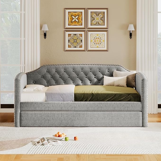 Merax Twin Size Upholstered Daybed with Trundle Bed, Linen Fabric Tufted Wooden Sofa Bed Frame for Living Room, Guest Room, Bedroom, Grey - LeafyLoom