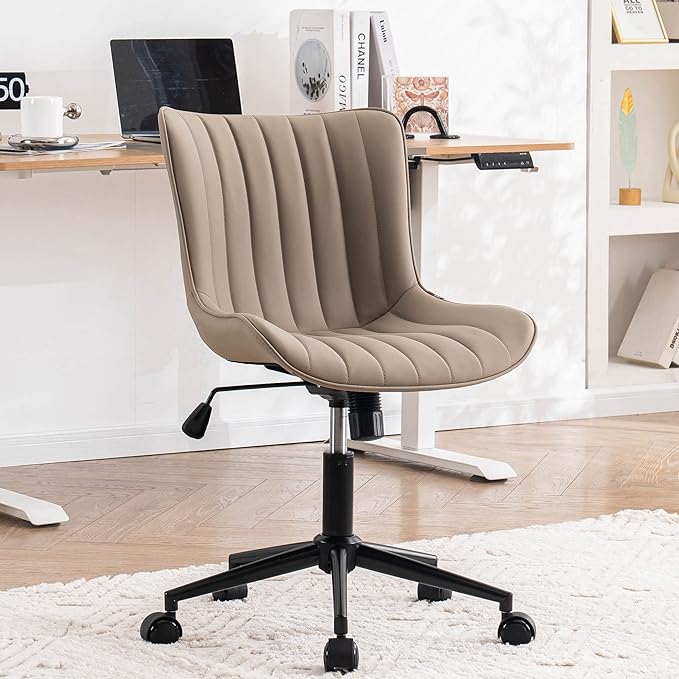 YOUNIKE Office Chair Swivel Desk Chair Upholstered Faux Leather Height Adjustable with Wheels Computer Task Chair Modern Rolling Armless Ergonomic High Back, Khaki, Loads 300 lbs - LeafyLoom