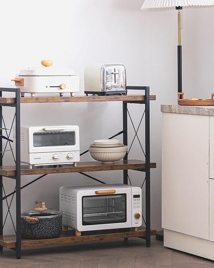 HCHQHS Bookshelf, 3-Tier Industrial Bookcase, Rustic Open Book Shelf, Wood and Metal Horizontal Bookshelves - LeafyLoom