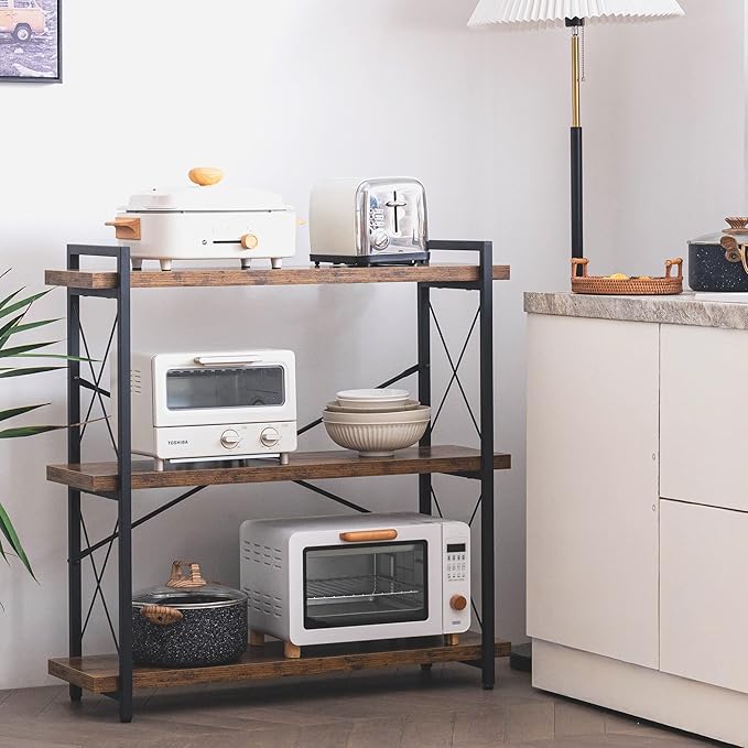 HCHQHS Bookshelf, 3-Tier Industrial Bookcase, Rustic Open Book Shelf, Wood and Metal Horizontal Bookshelves - LeafyLoom
