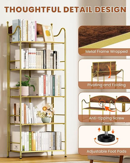 Folding Bookshelf No Assembly, 5 Shelf Gold Folding Bookcase, Industrial Tall Metal Collapsible Corner Book Shelf with Storage Shelves for Bedroom, Living Room, Home Office Organization - LeafyLoom
