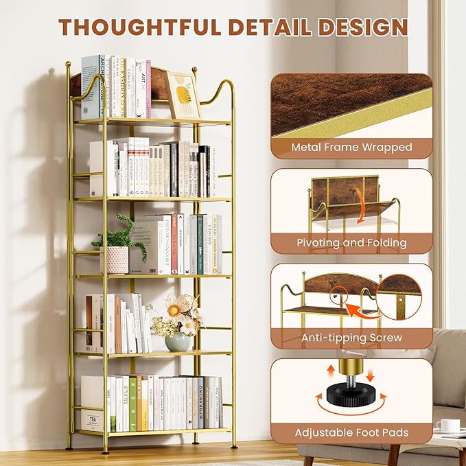 Folding Bookshelf No Assembly, 5 Shelf Gold Folding Bookcase, Industrial Tall Metal Collapsible Corner Book Shelf with Storage Shelves for Bedroom, Living Room, Home Office Organization - LeafyLoom