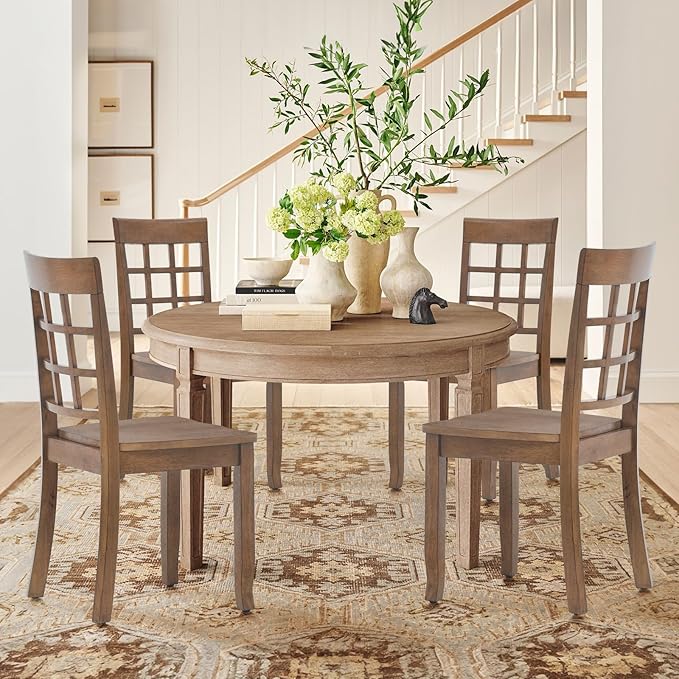 COLAMY Wooden Dining Chairs Set of 6, Nine-Square High Back Kitchen Side Chair, Farmhouse Dining Chairs for Kitchen and Dining Room, Light Brown - LeafyLoom