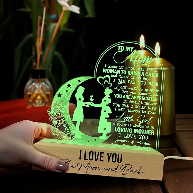 Mom 3D Illusion Lamp w/Wooden Base USB Powered, Mom Acrylic Night Light, to My Mom Gift from Son Kids, Bonus Mom Stepmom Gift, Lamp Present for Mom Mother, Gift for Birthday Mothers Day - LeafyLoom