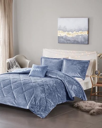Intelligent Design Twin Comforter Set, Velvet Comforter Set , Luxury Diamond Quilting Comforter Set, Fluffy Comforter Bed Set with Decorative Pillowand 1 Sham, 3 Piece Blue, Twin/Twin XL - LeafyLoom