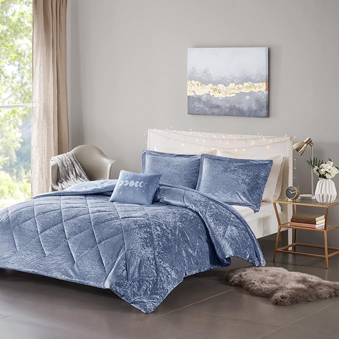 Intelligent Design Twin Comforter Set, Velvet Comforter Set , Luxury Diamond Quilting Comforter Set, Fluffy Comforter Bed Set with Decorative Pillowand 1 Sham, 3 Piece Blue, Twin/Twin XL - LeafyLoom