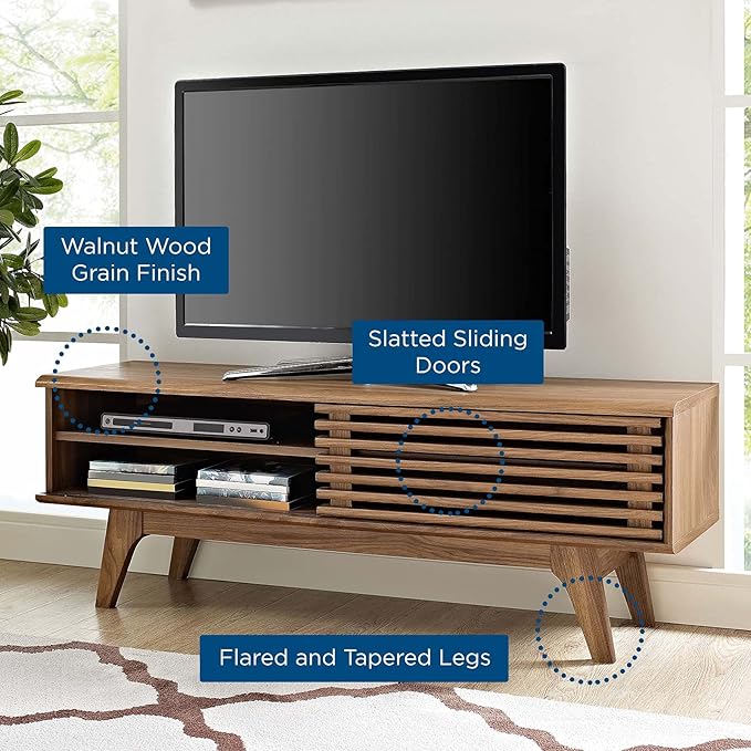 Modway Render 48" Mid-Century Modern Low Profile Media Console TV Stand, 48 Inch, Walnut - LeafyLoom