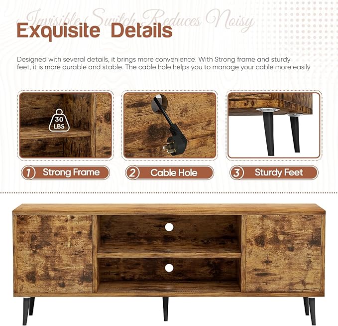 YESHOMY Modern Retro TV Stand for Television up to 65", Entertainment Center with Two Storage Cabinet and Shelf, Media Console for Living Room, Bedroom, Enterway, Office, 58 Inch, Retro Brown - LeafyLoom