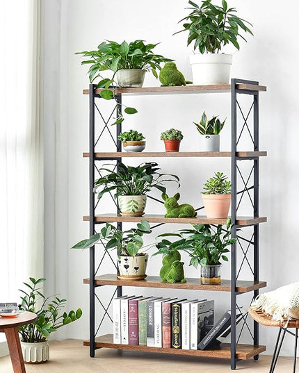 HCHQHS Bookshelf, 5-Tier Industrial Bookcase, Rustic Open Book Shelf, Freestanding Tall Bookshelves with Metal Frame - LeafyLoom
