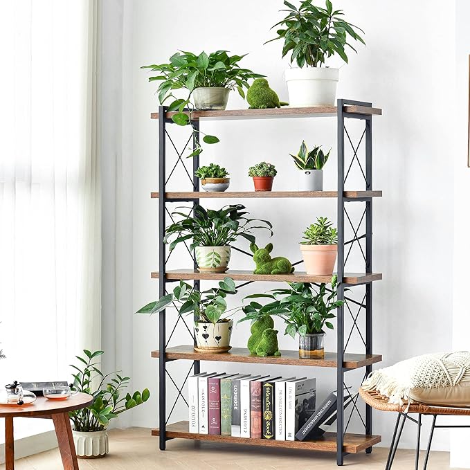 HCHQHS Bookshelf, 5-Tier Industrial Bookcase, Rustic Open Book Shelf, Freestanding Tall Bookshelves with Metal Frame - LeafyLoom