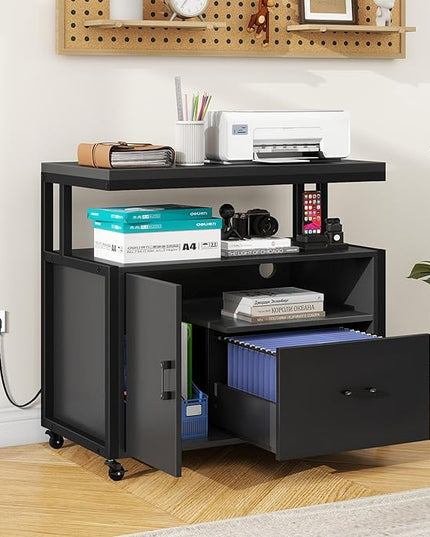 YITAHOME Wood File Cabinet with Charging Station, Rolling Filing Cabinet Cart with Door, Industrial Nightstand with Printer Shelf for Home Office, Bedroom, Living Room, Entryway, Black - LeafyLoom
