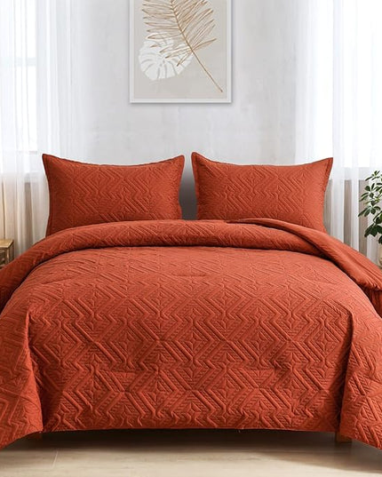WONGS BEDDING Burnt Orange Comforter Set King Size(104“×90”),Reversible terracotta Boho Geometric Textured Bedding Comforter Sets - 3 Pieces Soft Microfiber Ultrasonic Bedding with 2 Pillow Cases - LeafyLoom