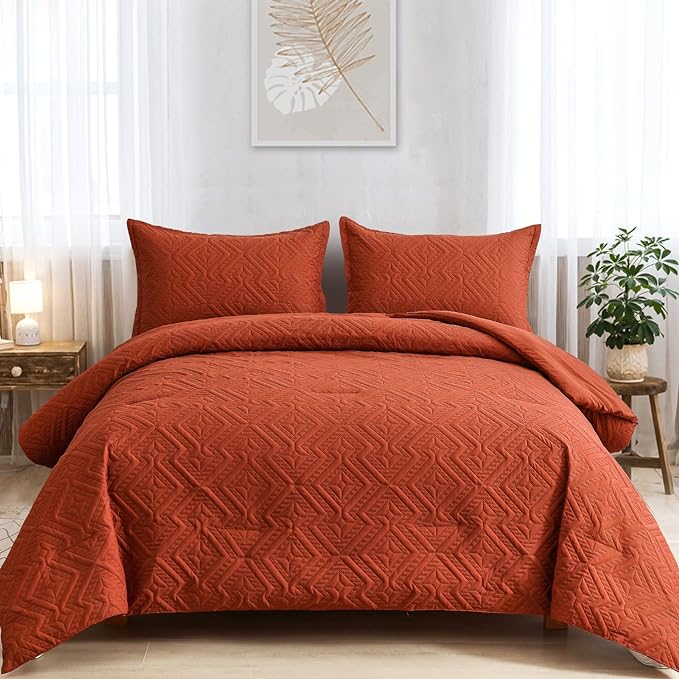 WONGS BEDDING Burnt Orange Comforter Set King Size(104“×90”),Reversible terracotta Boho Geometric Textured Bedding Comforter Sets - 3 Pieces Soft Microfiber Ultrasonic Bedding with 2 Pillow Cases - LeafyLoom