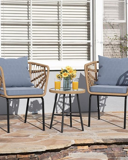 YITAHOME Wicker 3-Piece Outdoor Bistro Set, All-Weather Patio Conversation Set for Balcony, Backyard, Pool, Porch, Deck, Outdoor Sectional Furniture Set with Table & Cushions - Grey - LeafyLoom