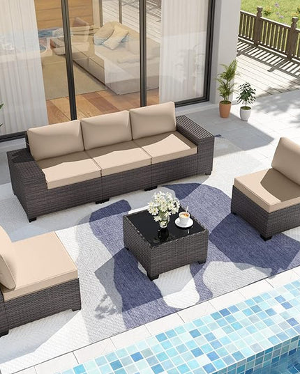 Patio Furniture Set Sofa 6-Piece Wicker Sectional Sofa Set, Outdoor Furniture Rattan Patio Sofa Conversation Set with Thickened Cushions and Glass Coffee Table, Sand - LeafyLoom