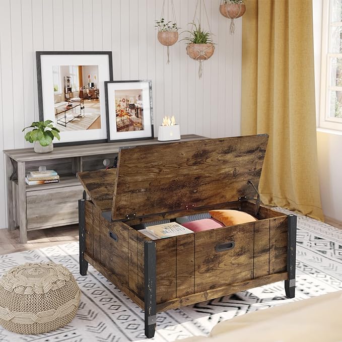Bestier Farmhouse Coffee Table, Square Wood Center Table with Large Hidden Storage Compartment for Living Room, Rustic Cocktail Table with Hinged Lift Top for Home,Rustic Brown - LeafyLoom