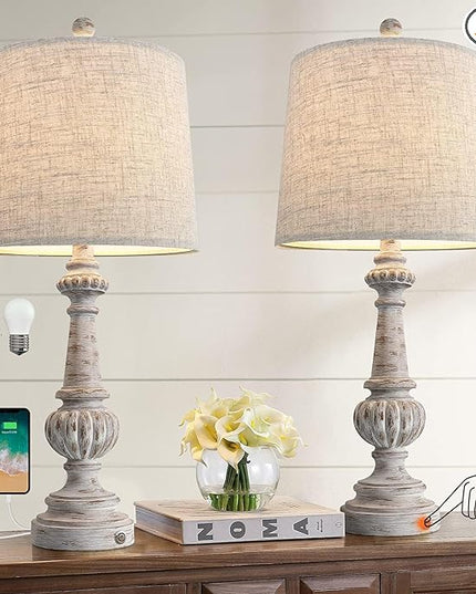 PORTRES 25.75" Traditional 3-Way Dimmable Table Lamp Set of 2 for Living Room Bedside Nightstand Lamps with USB A+C Charging Ports for Bedroom Kids Room Rustic Table Lamps (2 Bulbs Included) - LeafyLoom
