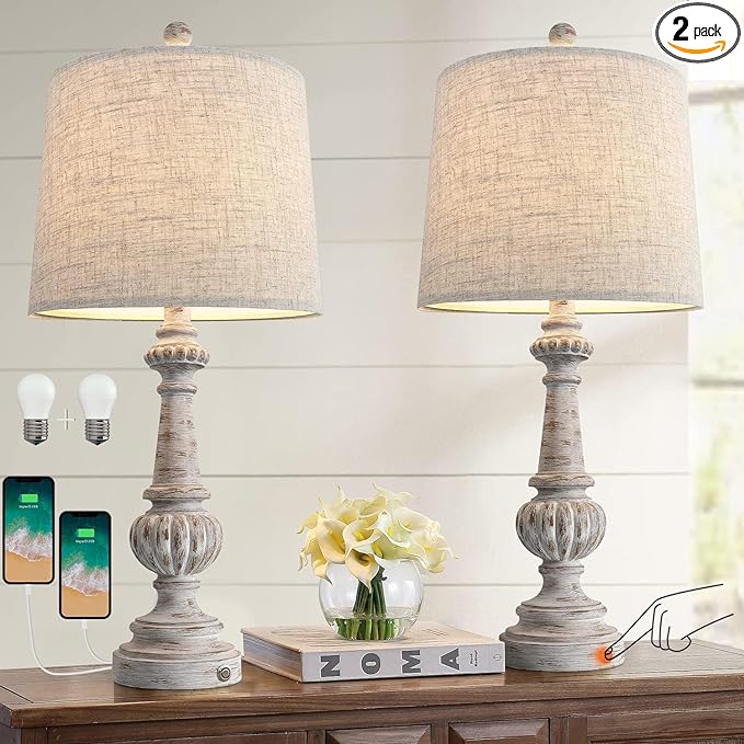 PORTRES 25.75" Traditional 3-Way Dimmable Table Lamp Set of 2 for Living Room Bedside Nightstand Lamps with USB A+C Charging Ports for Bedroom Kids Room Rustic Table Lamps (2 Bulbs Included) - LeafyLoom