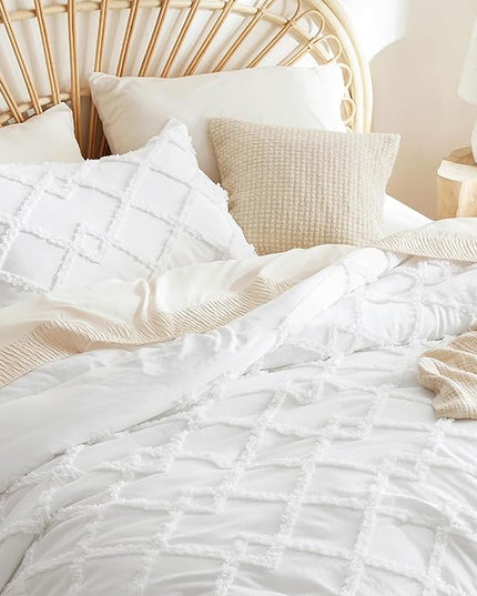 Bedsure Boho Comforter Set King - White Tufted Bedding Comforter Set, 3 Pieces Farmhouse Shabby Chic Embroidery Bed Set, Soft Fluffy Geometric Pattern Comforter for All Seasons - LeafyLoom