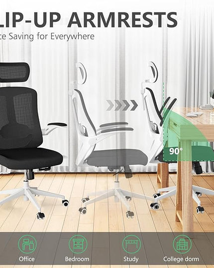 Office Chair 350LBS Capacity,Ergonomic Comfy Home Desk Chair,High Back Gaming Chair with Wheels, Mesh Computer Chair,Lumbar Support, Adjustable Headrest,Flip-up Armrest - LeafyLoom