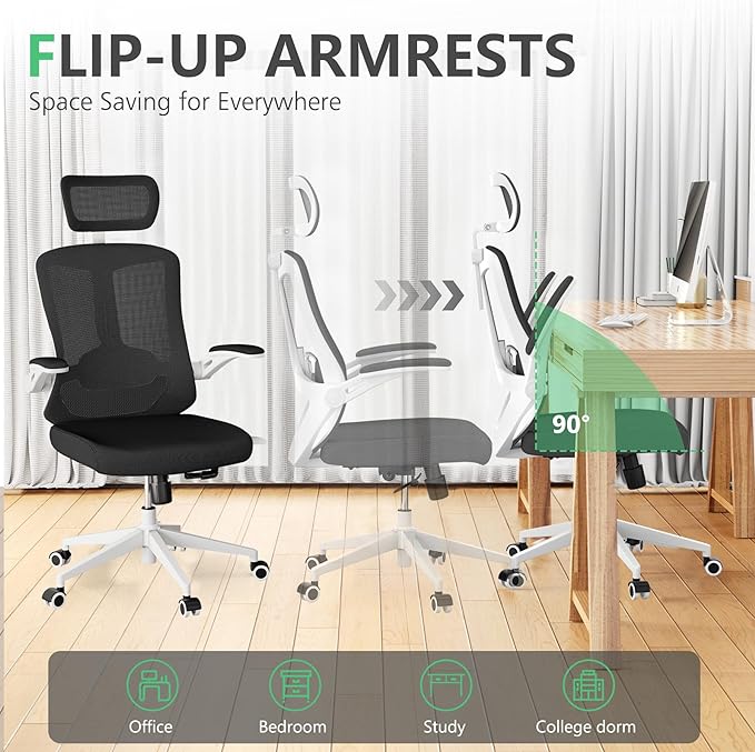 Office Chair 350LBS Capacity,Ergonomic Comfy Home Desk Chair,High Back Gaming Chair with Wheels, Mesh Computer Chair,Lumbar Support, Adjustable Headrest,Flip-up Armrest - LeafyLoom