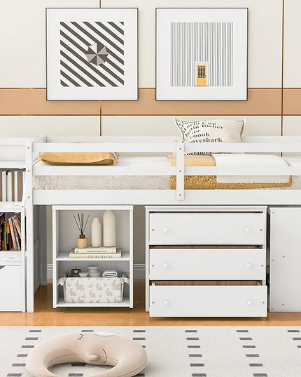 Loft Bed Frame, Twin Size Low Loft Bed with Storage Stairs, Shelves, Retractable Writing Desk and 3 Drawers, Wooden Twin Lofbed Frame for Kids Boys Girls Bedroom, Space-Saving Design, White - LeafyLoom