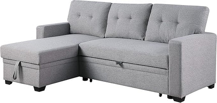 L Shaped Convertible Sofa, 82 Inch Sectional Couch Chaise, Linen Reversible Upholstered Pull Out Bed with Storage Space for Living Room, Apartment and Office, 82inch, Light Gray-2 - LeafyLoom