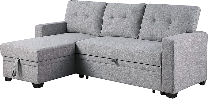 L Shaped Convertible Sofa, 82 Inch Sectional Couch Chaise, Linen Reversible Upholstered Pull Out Bed with Storage Space for Living Room, Apartment and Office, 82inch, Light Gray-2 - LeafyLoom